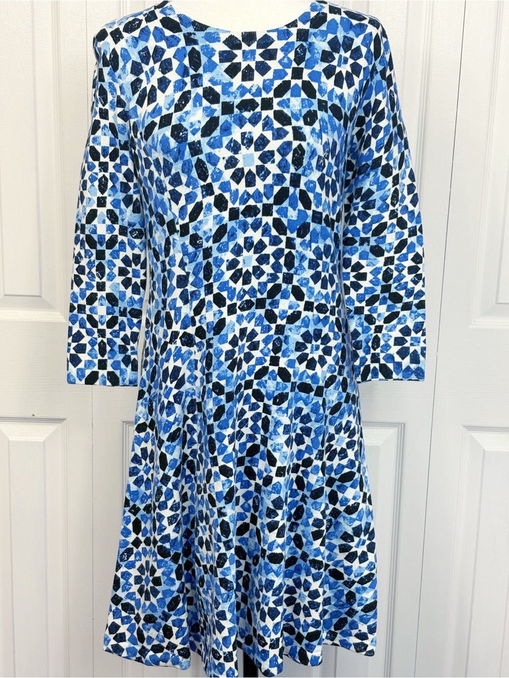 MICHAEL Michael Kors Blue Multi Geo Print Knit Fit & Flare Sweater Dress